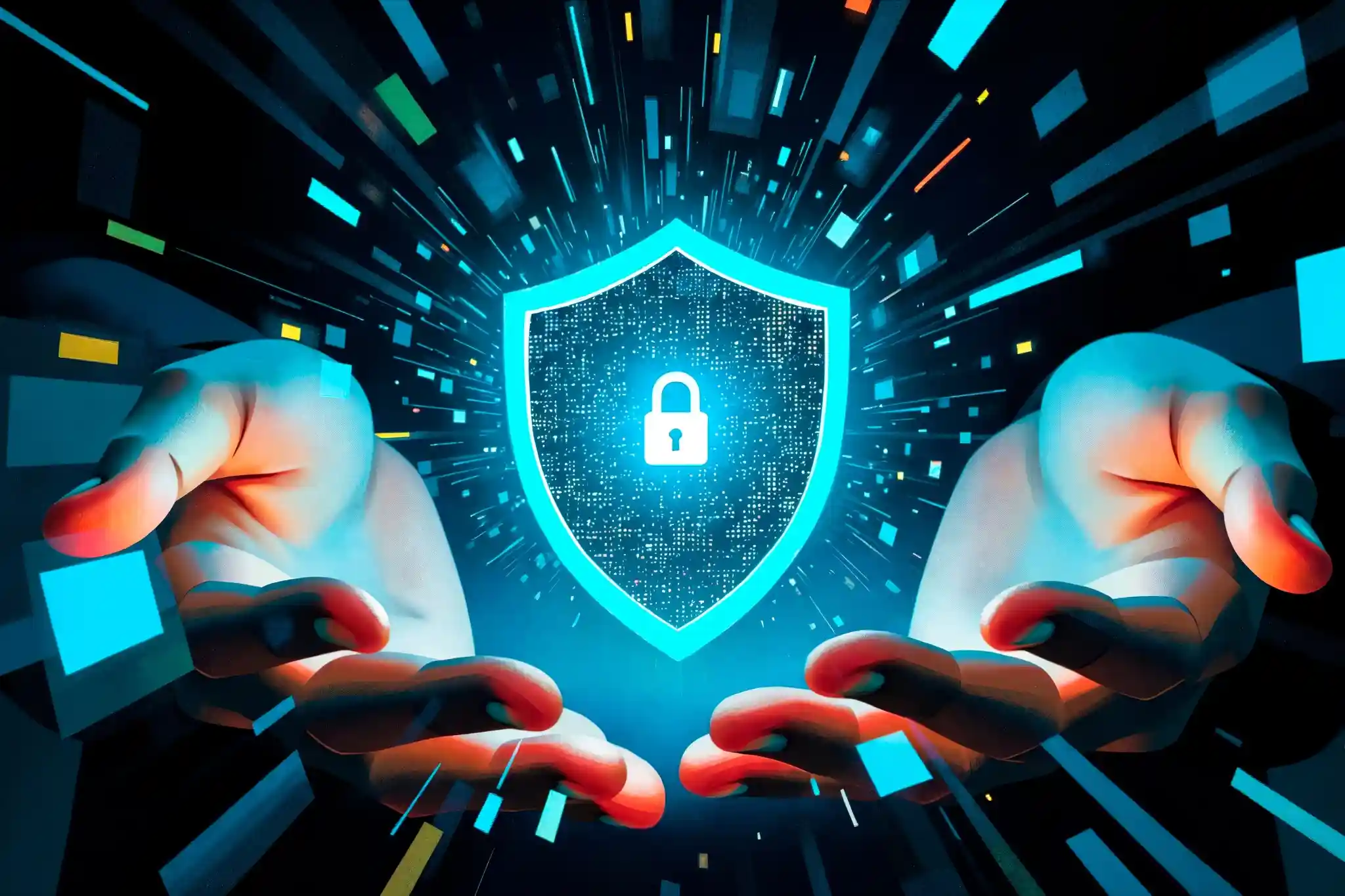 Protective shield with a padlock held between two hands, representing layered data security