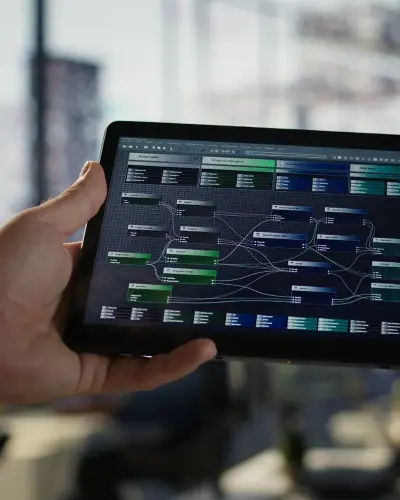 Hands holding a tablet showing a live analytics dashboard of business metrics