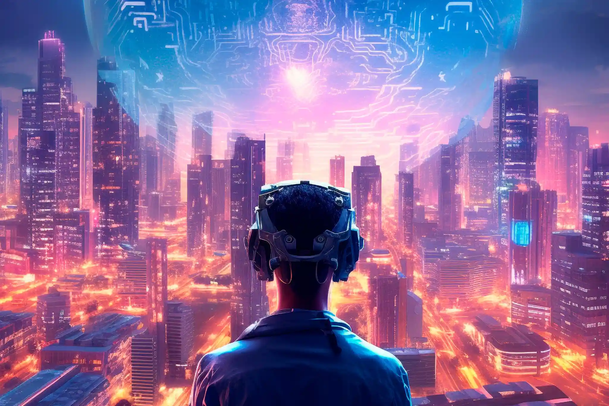 Person in a VR headset facing a futuristic connected cityscape
