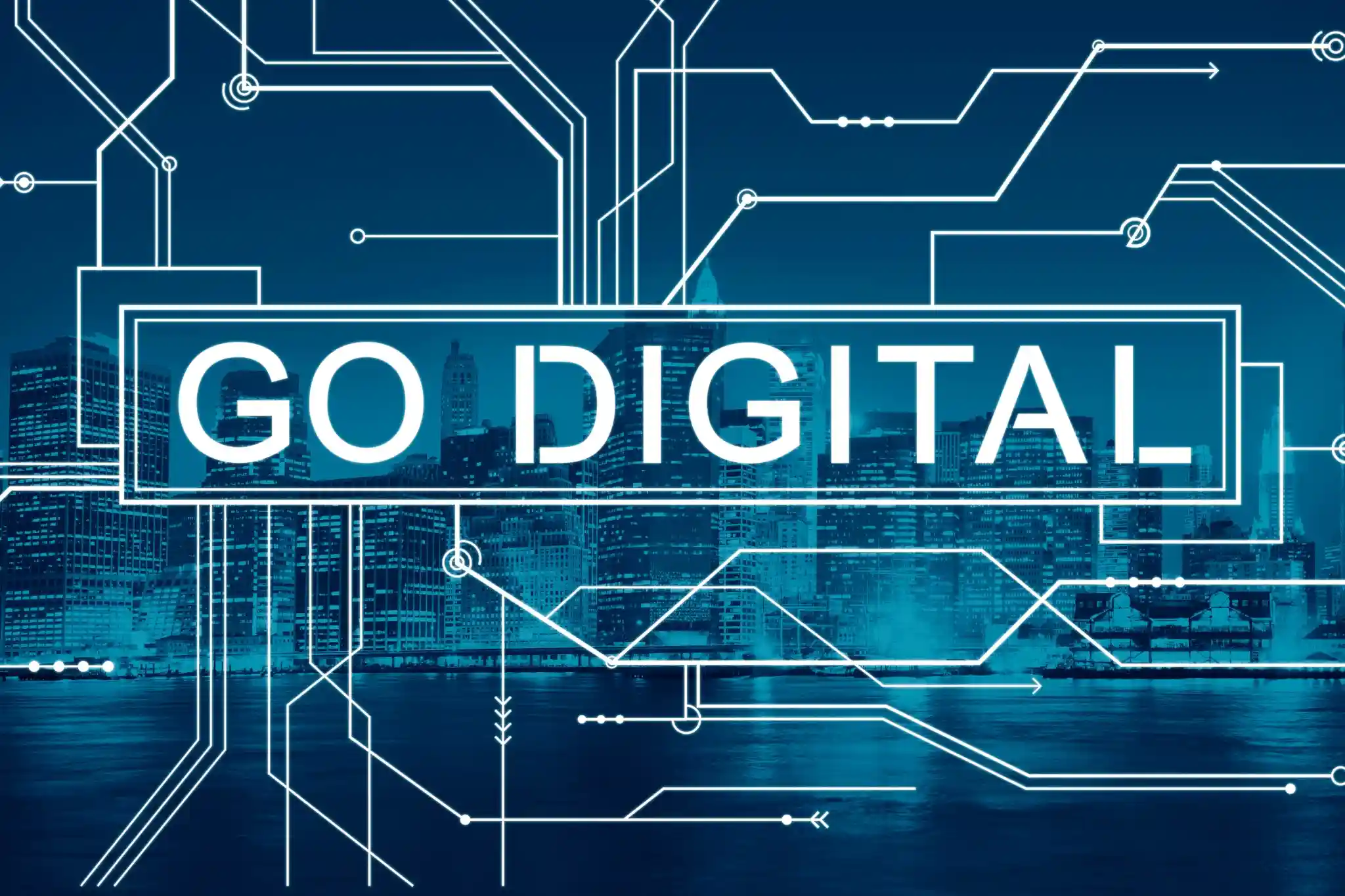 Go Digital message on a circuit-board background representing business modernisation