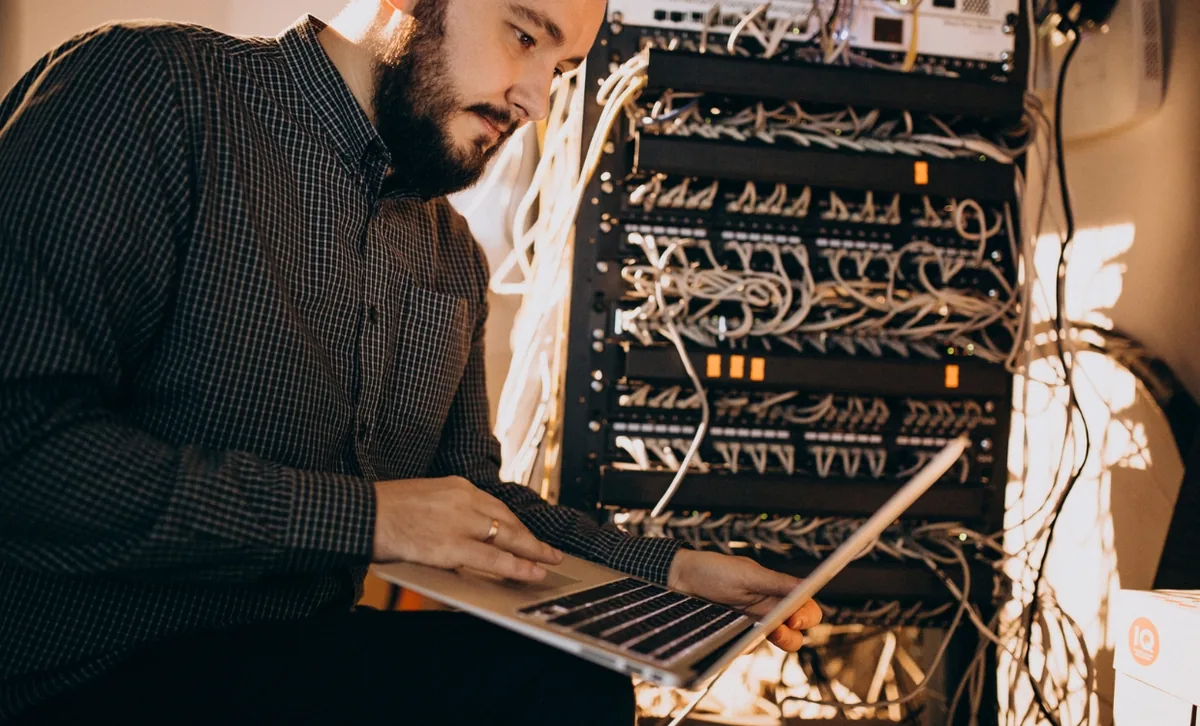 Network engineers configuring a structured cabling rack for a Kerala business