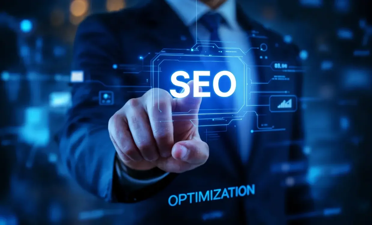 SEO optimisation concept with a hand selecting a search ranking interface